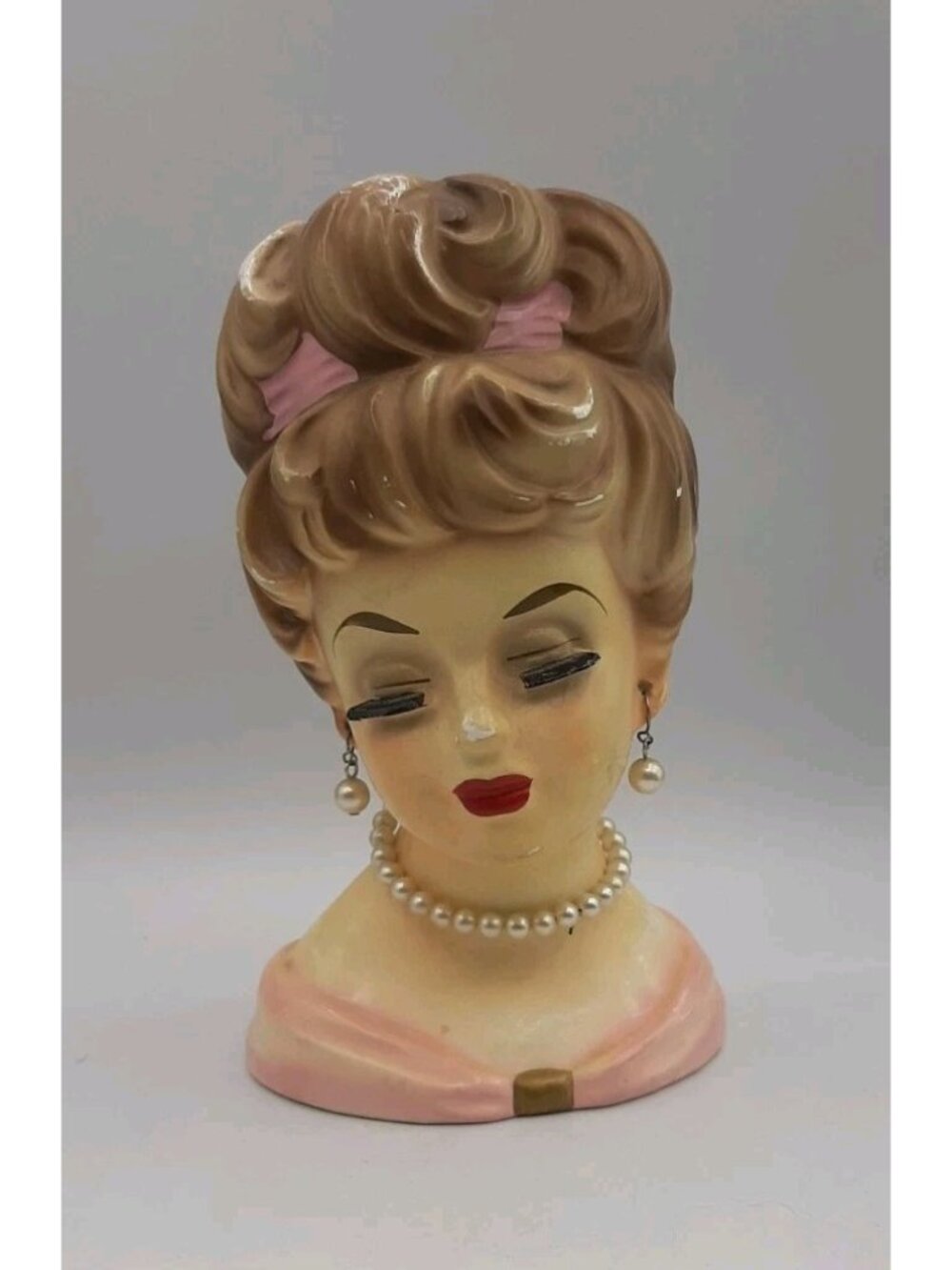 Vintage Lady Head Vase Rubens 485 Circa 1950s Pink Dress Ribbon 6 1/2 In Tall